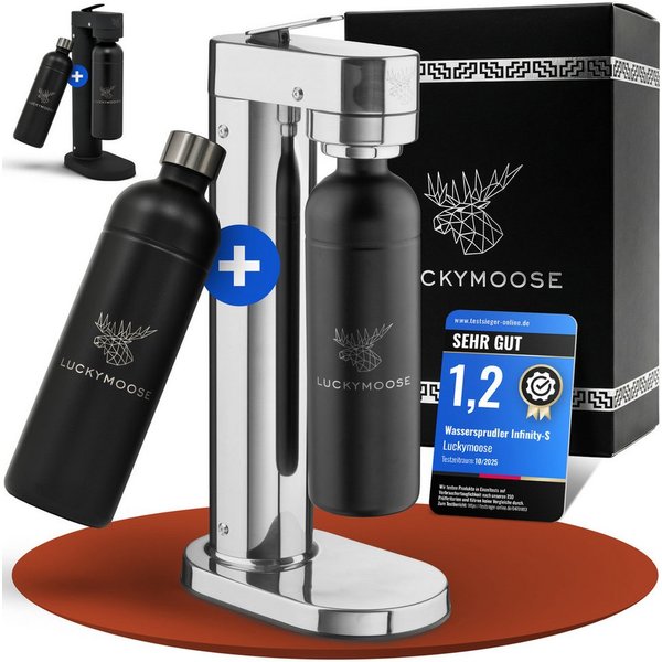Luckymoose Wassersprudler Infinity-S mit 2x 1,25L langlebige Edelstahlflaschen, (2xSchwarz-tlg), Spart bis zu 25% CO2, Flaschen spülmaschinenfest & ohne Ablaufd