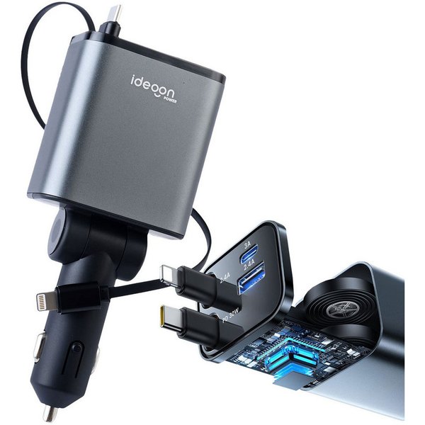 shop'n smile ideoon 4in1 KFZ Ladegerät 69W mit PD 3.0 Schnellladen Aufrollbares USB-C KFZ-Adapter zu Lightning, 69W, PD3.0 & QC, USB-C/Lightning Kabel, 2 Ports,