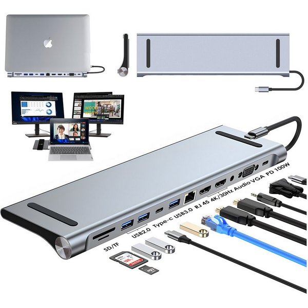 AKKEE Laptop-Dockingstation 12-in-1 drei Displays (HDMI+HDMI+VGA) HDMI 4K, USB 3.0, USB 2.0 Typ-C, 100W PD für Macbook iPad