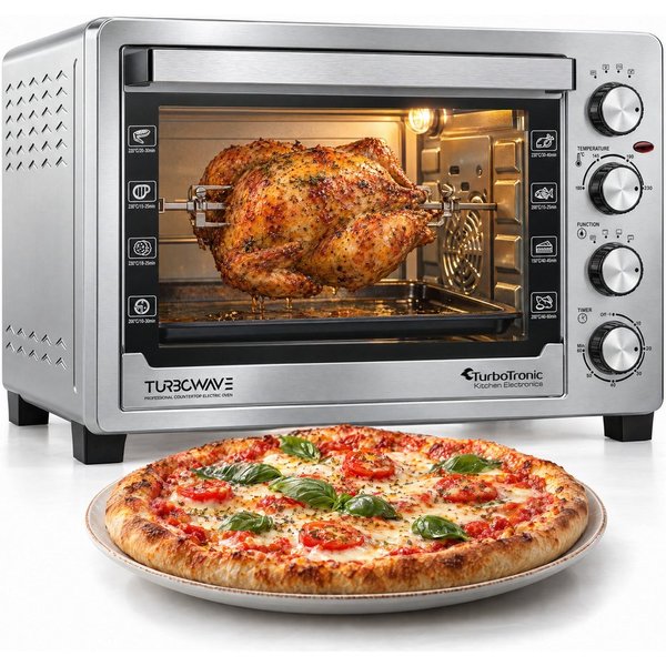 TurboTronic by Z-Line Minibackofen 2000 W 45 l Mini Backofen mit Umluft Drehspieß Grill und Pizzaofen, Silber, Tischbackofen, Ober- und Unterhitze, Timer, Innen