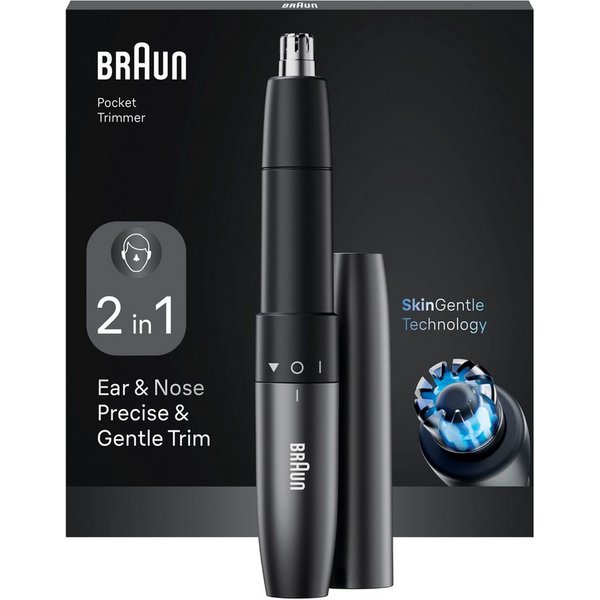 Braun Nasen- und Ohrhaartrimmer EN10, Doppelklingen, SkinGentle Technologie, AAA Batterie Enthalten, Grau