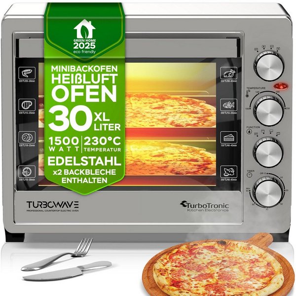TurboTronic by Z-Line Minibackofen 1500 W 30 l Mini Backofen mit Umluft Drehspieß Grill Pizzaofen Timer, Tischbackofen mit Umluft, kleiner Backofen, Mini Ofen, 