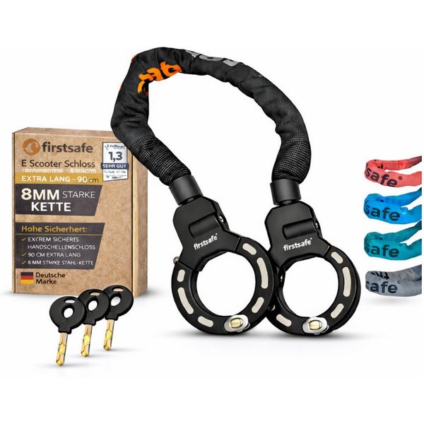 firstsafe Kettenschloss Handschellenschloss für E Scooter Schloss und Fahrrad 90 cm, 360° drehbar, Silikonbeschichtung, 8 mm Stahlkette