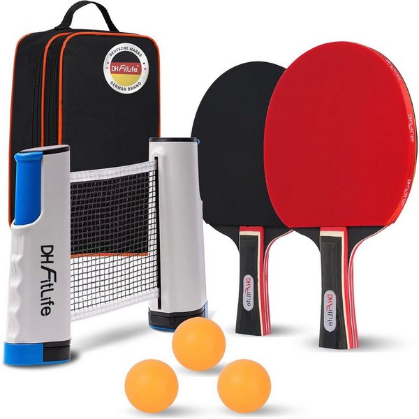 DH FitLife Tischtennisschläger Set für 2 Spieler, mit ausziehbarem mobilen Tischtennisnetz (3 Tischtennisbälle, 2 Schläger, inkl. Aufbewahrungstasche, für jeden