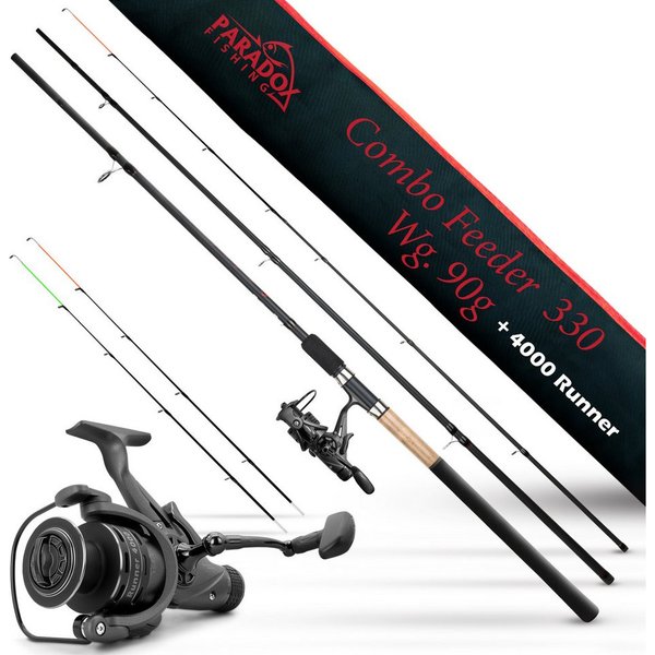 Paradox Fishing Feederrute Combo Feeder, (Rute + Rolle), 3,3m/3,6m, 90g/120g, 3 Wechselspitzen