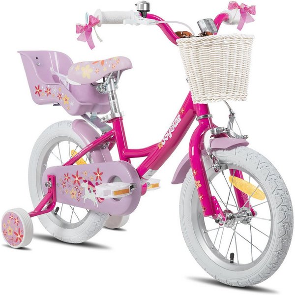 JOYSTAR Kinderfahrrad 12 14 16 18 Zoll Mädchenfahrrad, 2-9 Jahre, Geschenk für Prinzessin, 1 Gang, Puppenradsitz & Stützrädern& Korbstreamer, 18 Zoll mit Stützr