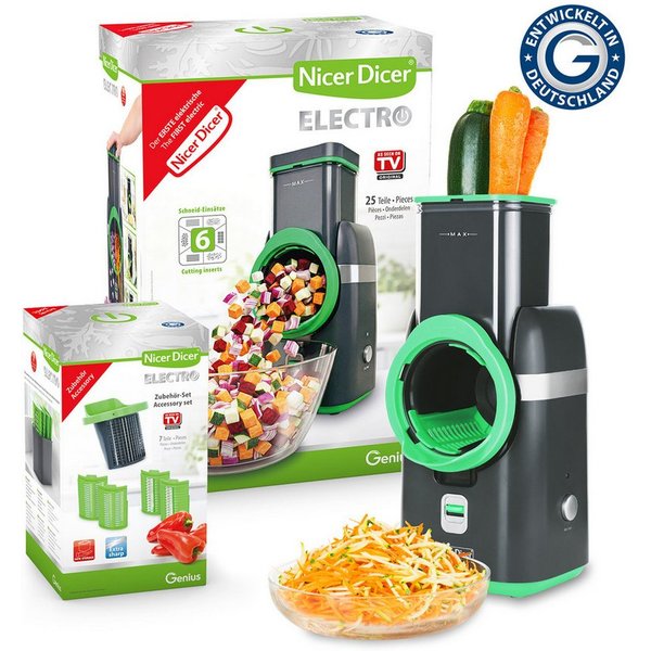 Genius Gemüseschneider Nicer Dicer Electro Deluxe 32 tlg, Gemüsehobel elektrisch, 9 Einsätze, 80 W, Extra-scharfe G-NOX Edelstahlklingen, einfache Reinigung, ko