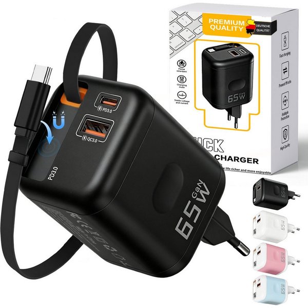 SWGOTA 2026 Neues 65W GaN 3-Port USB C Ladegerät mit Einziehbarem Kabel USB-Ladegerät (65W Schnellladegerät, 3-in-1 USB Netzteil, PD 3.0 Power Adapter, Unterstü