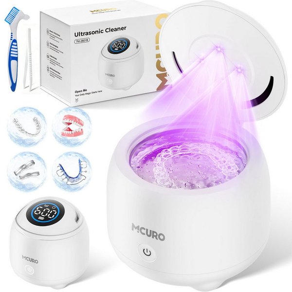 MCURO Ultraschallreiniger Ultraschallreinigungsgerät 48kHz UV 254nm für Zahnschiene Zahnersatz, 200ml Tank 4 Modi, wahlweise 4000mAh, kompakt, 6 Reinigungstabs