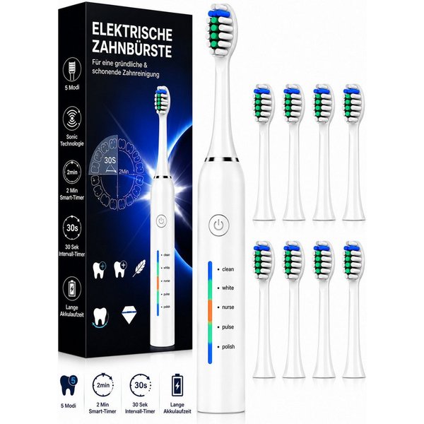 Forrlite Elektrische Zahnbürste Schallzahnbürste für Zahnpflege, mit 5 modi, Aufsteckbürsten: 8 St., 40000VPM UIltraschall, Putzdauer-Erinnerung, IP67 Wasserdic