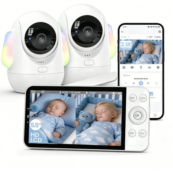 Boifun Video-Babyphone Babyphone mit Kamera 2,5K/4MP, 5,5 Zoll WLAN Video babyfone, unterstützt 2,4 GHz und 5 GHz PTZ 360°, 1-tlg., Intelligentes Nachtlicht, Au