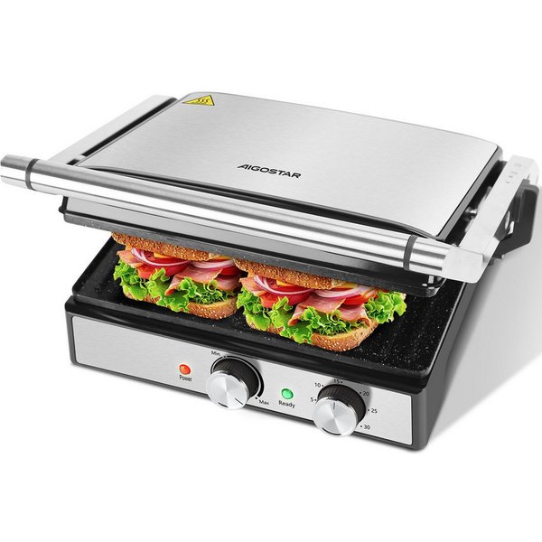 Aigostar Paninigrill Kontaktgrill XXL, Sandwichmaker und Panini Grill, Temperaturkontrolle, 2000,00 W, Antihaftbeschichtung, 180° klappbar, Fettauffangschale, 1