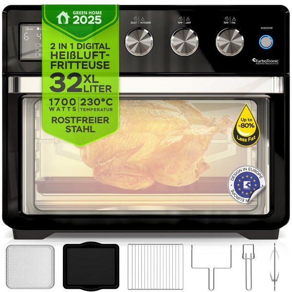 TurboTronic by Z-Line Minibackofen 1700 W 32 l Mini Backofen mit Airfryer Umluft Drehspieß Pizzaofen, Tischbackofen, kleiner Backofen, Heißluftfritteuse, Toaste