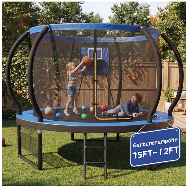 GUNJI Gartentrampolin Basketballkorb-Trampolin, Durchmesser 228/305 cm, Kindertrampolin, Ø 228 cm, (Enthält Leiter, Sicherheitsnetz, Schuhnetz, 360°-Schutzgitte