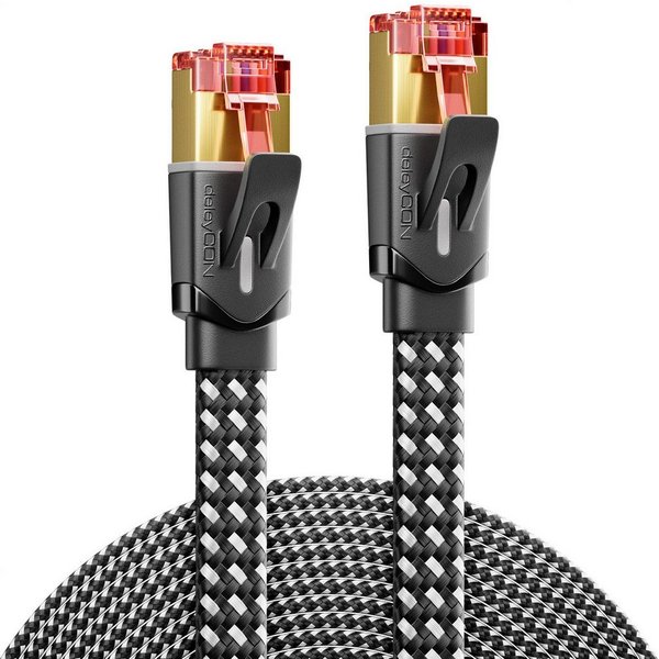 deleyCON 15m CAT7 Patchkabel Flachkabel RJ45 Nylon Netzwerkkabel Flach LAN DSL LAN-Kabel