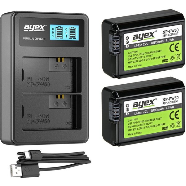 ayex 2x NP-FW50 Akku für Sony + USB Dual-Ladegerät Kamera-Akku