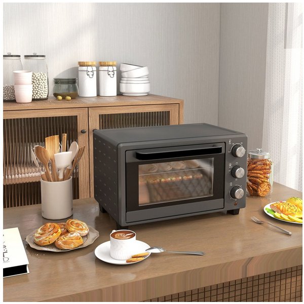 HOMCOM Minibackofen Backofen 21 L 1400W 100-230℃ Pizza-Ofen mit Backblech Grillrost, zum Grillen, Backen, Toasten, Grau