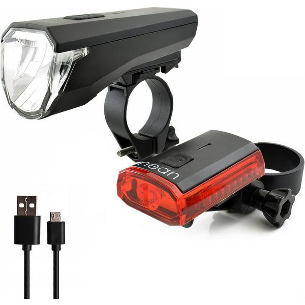 nean Fahrradbeleuchtung Set mit Akku und StVZO-Zulassung, 50 Lux, 4 Candela, mit 3 Helligkeitsstufen und USB-Ladebuchsen, abnehmbar