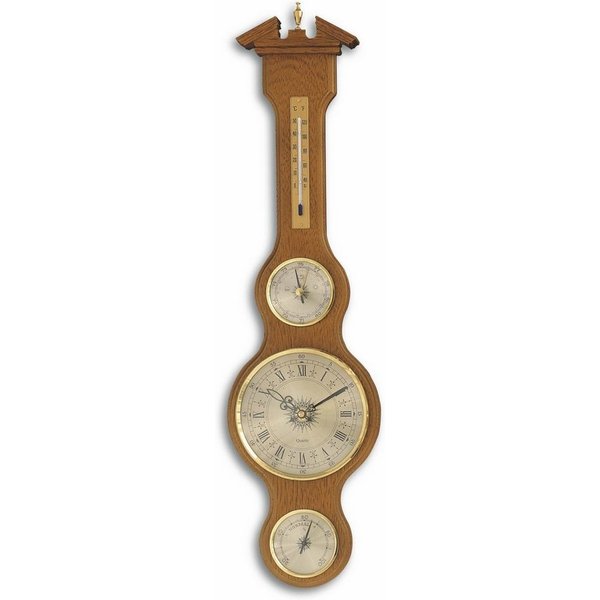 TFA Dostmann TFA 45.3004 analoge Wetterstation und Wanduhr aus Massivholz Innenwetterstation