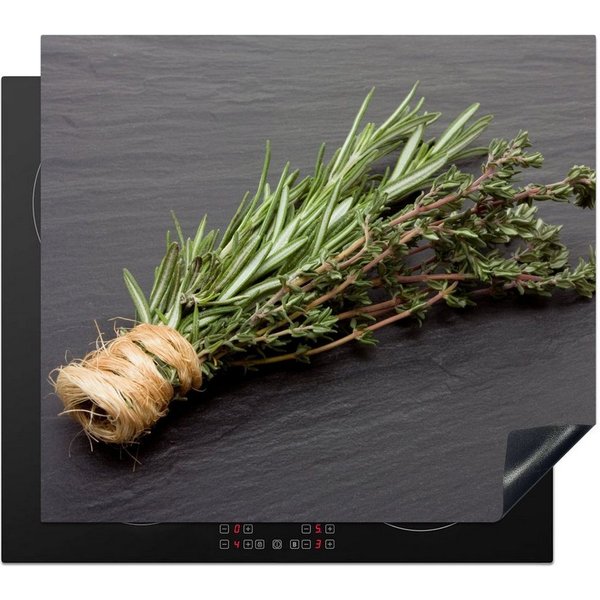MuchoWow Herd-Abdeckplatte Thymian - Kräuter - Grün - Tisch - Küche - Stein, Vinyl, (1 tlg), Cerankochfeld Abdeckung, Herd Abdeckplatten Vinyl, 58.3x51.3 cm