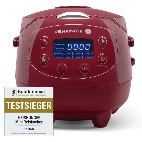 Reishunger Reiskocher Digital Mini – 0,6 L – Multikocher – 8 Programme – Keramikbeschichtung, 350 W, Dämpfeinsatz, Messbecher, Reislöffel, Timer- und Warmhaltef