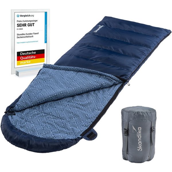 Skandika Deckenschlafsack Dundee Baumwollflanell, Koppelbar, Kopfteil mit Kordel (Reißverschluss mit Webband-Klemmschutz, Innentasche mit Klett), 3 Jahreszeiten