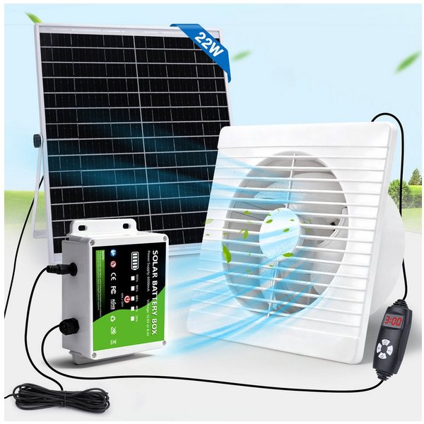 XERSEK Wandventilator Abluftventilat mit 22W Solarpanel Wandlüfter inkl. Timer & Akkuanzeige, Verstellbare Geschwindigkeit, leise