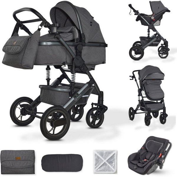 Bronea Kombi-Kinderwagen EXQUISE 2.0 Kinderwagen 3in1 mit MATRATZE, BUGGY & AUTO-BABYSCHALE, (Set), NEUES HOCHWERTIGES MODELL,Wickeltasche,Regen-, Mücken- & Son