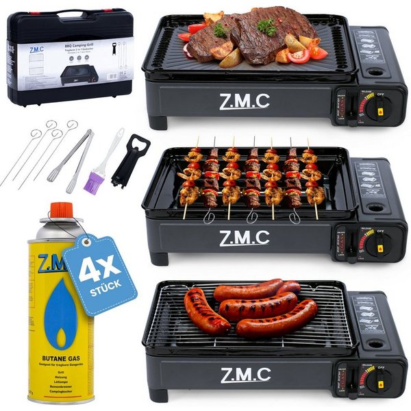 ZMC Gaskocher 2-in-1 Gaskocher + Gasgrill, Campingkocher mit 4x Gaskartuschen 227g, (mit Grillplatte + Grillrost, stufenlos regulierbar, Tischgrill), mit Tragek