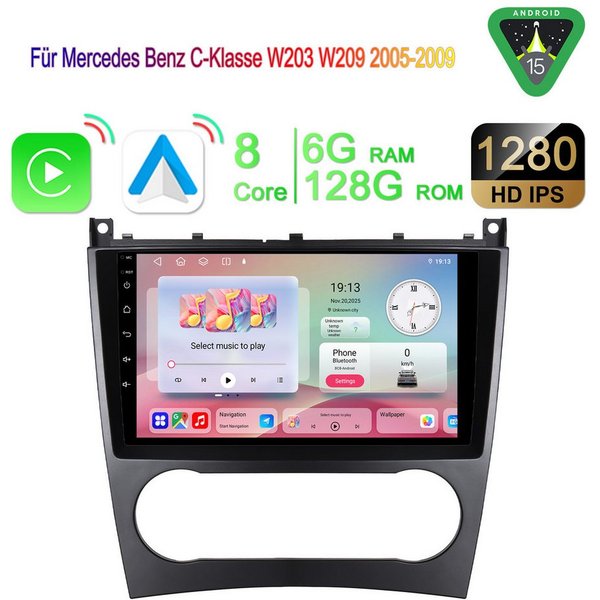 A-Sure Android 15 Carplay Für Mercedes Benz C-Klasse W203 W209 2005-2009 Autoradio (8Core, 4 Core, Digitalradio (DAB), FM, AM, 1280*800 IPS Screen)