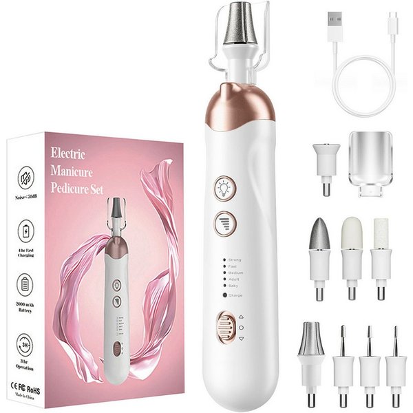 CkeyiN Maniküre-Pediküre-Set Elektrischer Nagelfräser zur Nagelpflege 5 Geschwindigkeiten LED Licht, 8-tlg., Drahtloser Nagelfräser 5000 U/min mit Schutzkappe 8