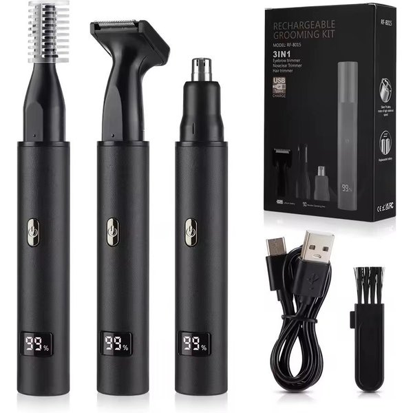 Athlix Nasenhaartrimmer Elektrisches 3-in-1 Nasen- und Ohrenhaarschneider-Set, Digitale Ladestandanzeige, Kompaktes Mini-Taschenformat