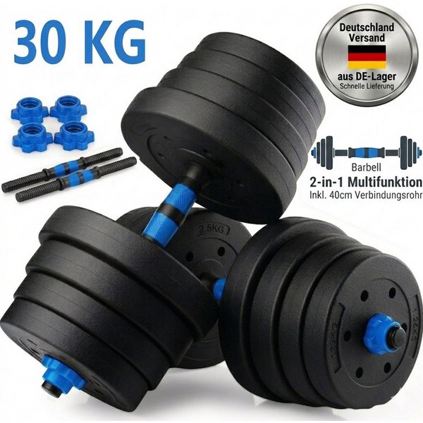 kehot Hantel-Set 30kg Hantelset aus PVC mit Zementfüllung - Kurz- & Langhantel, (2-in-1 Kurzhantel & Langhantel mit Verbindung für Langhantel, Ideal für Intensi