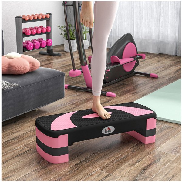 HOMCOM Stepper höhenverstellbar mit 3 Stufen, Fitness Heimtrainer (Aerobic-Stepper, 1-tlg., Steppbrett), für Indoor, Outdoor, Schwarz+Rosa+Grau