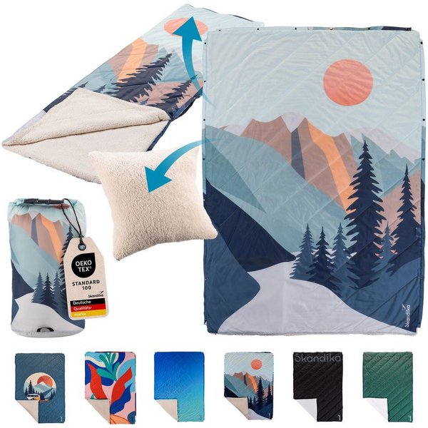Skandika Deckenschlafsack Campingdecke Liva, 4-in-1, Outdoor Decke, 200x135cm, Überwurf, Kissen, mit Teddyfell Unterseite, Polyester, wasserdicht