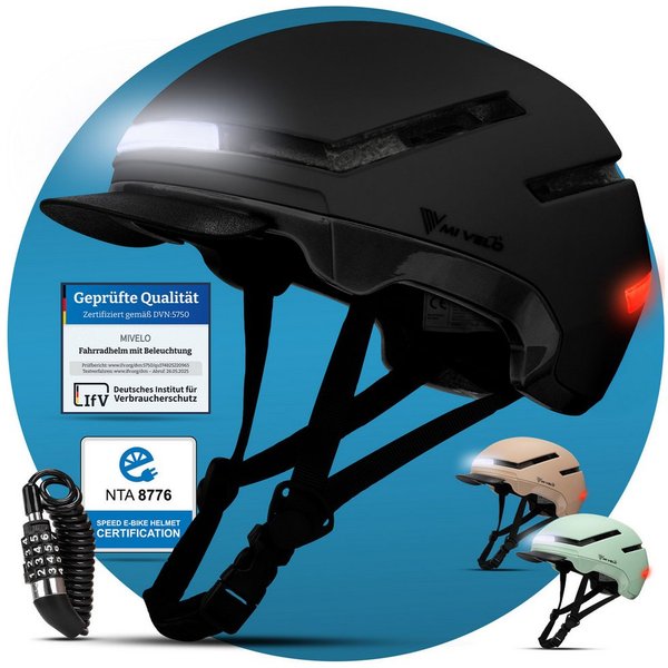 MIVELO Fahrradhelm NOVA - für Herren und Damen mit Licht vorne & hinten, NTA zertifiziert, 360° Beleuchtung, 24 Monate Crash-Ersatz-Garantie