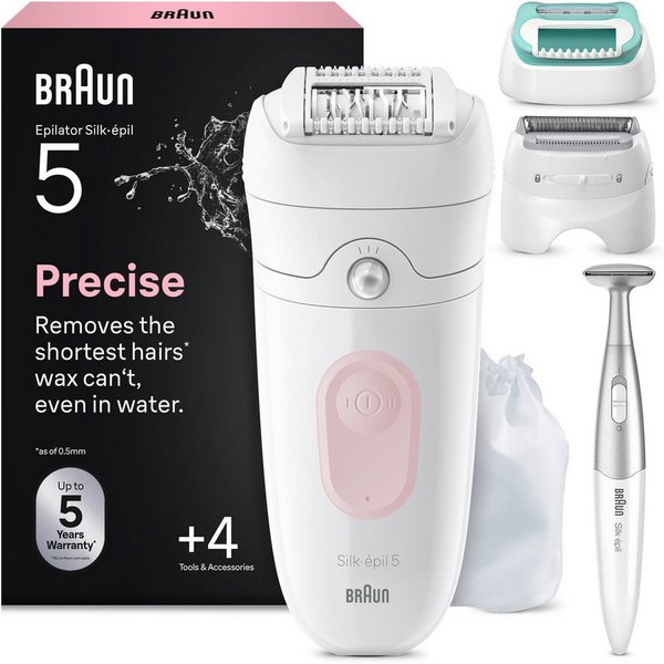 Braun Epilierer Silk-épil 5 SE5-251 (Modell 2026) 5-060 (Modell 2025), mit Rasieraufsatz, Trimmeraufsatz und Peeling Aufsätzen