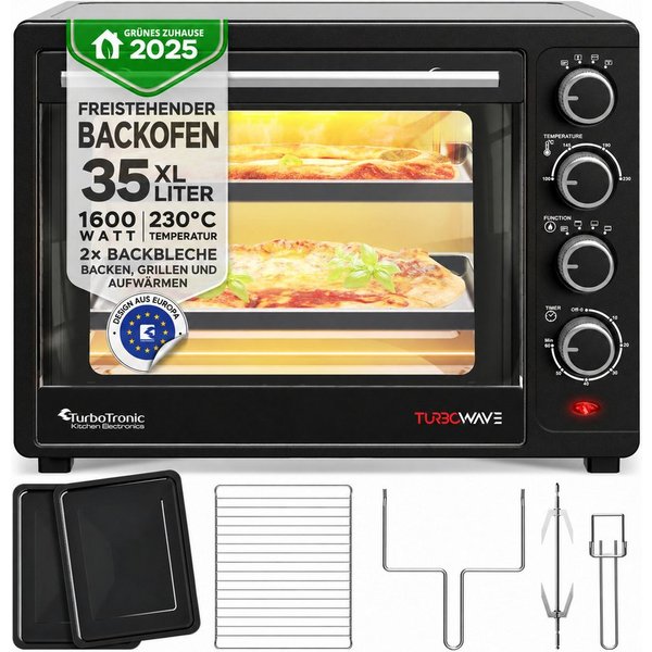 TurboTronic Minibackofen mit Umluft und Drehspieß 35 Liter, Schwarz, inkl. 2x Backbleche 1600W, schnelle Aufheizzeit, von Brötchen über Hähnchen bis Pizza