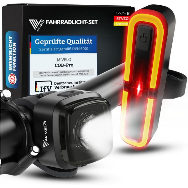 MIVELO Fahrradbeleuchtung MiVelo COB Pro Fahrradlicht LED Set – Frontlicht, Rücklicht oder Set, StVZO zugelassen, Rücklicht mit Bremsfunktion wählbar