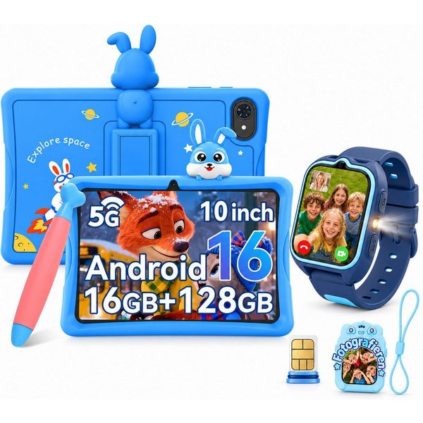 TABWEE 10" Android 16 Kindertablet 128 GB mit Stift Tablet (10", 128 GB, Android16, 5000mAh, stoßfeste Silikonhülle, Elternkontrolle, Google Kids Space)