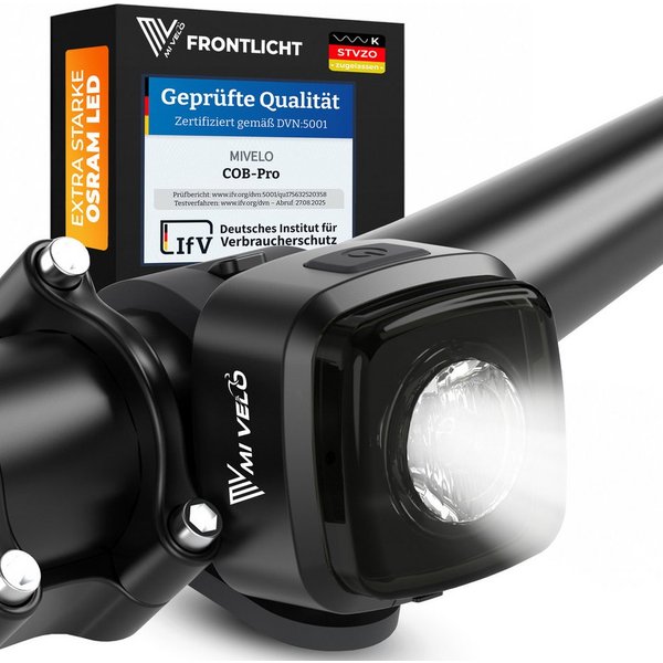MIVELO Fahrradbeleuchtung MiVelo COB Pro Fahrradlicht LED Set – Frontlicht, Rücklicht oder Set, StVZO zugelassen, Rücklicht mit Bremsfunktion wählbar