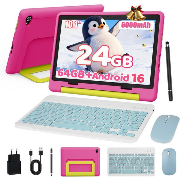 BUFO Android 16 10-Zoll, 24(3+21) GB RAM + 64 GB ROM (TF Expand 1TB) Kinder Tablet (10", 64 GB, Android 16, WiFi 6, mit Tastatur/Maus/Stift, Augenschutz-Tablet 