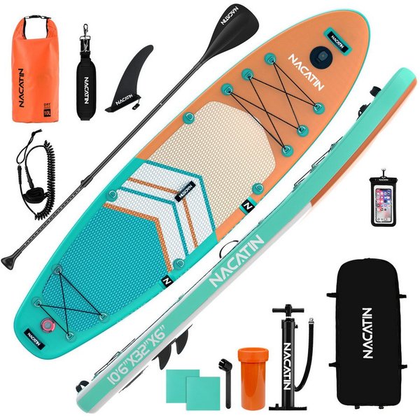 NACATIN Inflatable SUP-Board 320 cm, Aufblasbares Stand-Up-Paddle Board für Allround & Touring, Inflatable SUP Board, (inkl. Rucksack, 10L Trockenbeutel, Handyh