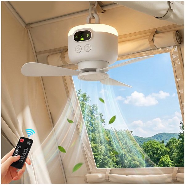 Rosnek Deckenventilator mit Beleuchtung Camping, tragbar, mit Fernbedienung/LED/Haken, Akku, 4 Stufen, 8000mAh Akku, 10h Laufzeit, Balkon Camping RV