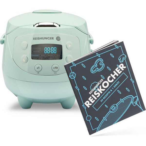 Reishunger Reiskocher Digital Mini – 0,6 L – Multikocher – 8 Programme – Keramikbeschichtung, 350 W, Dämpfeinsatz, Messbecher, Reislöffel, Timer- und Warmhaltef