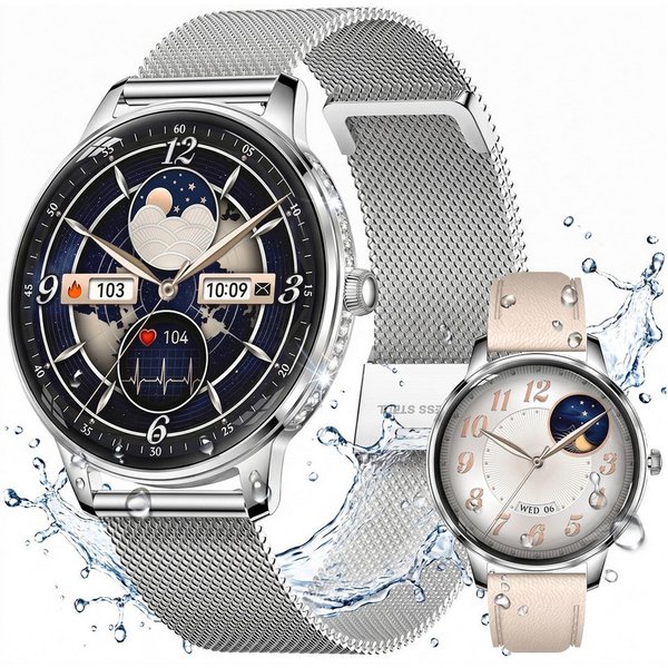 Vashoy Smartwatch Damen,1.19" mit Bluetooth Anrufe,Sprachassistent Smartwatch (38mm cm/1.19 Zoll, Android4.4/IOS1.0) Spar-Set, 4-tlg., Anrufe, Schrittzähler, Pu