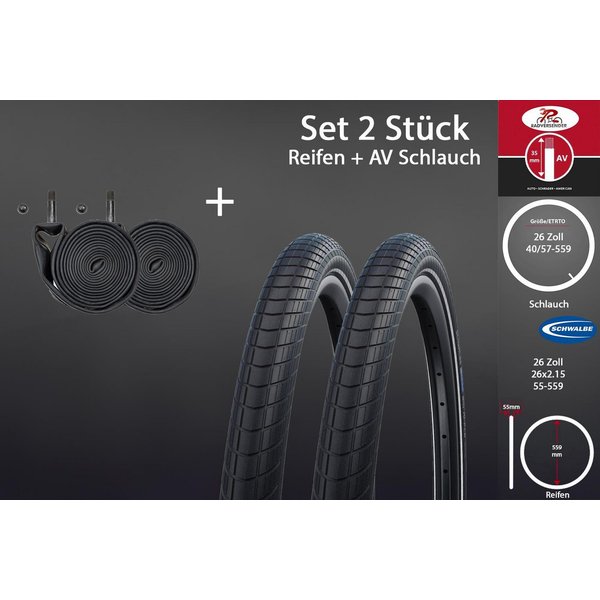 Schwalbe Fahrradreifen 2 Stück 26 Zoll Schwalbe Reifen Set 26x2.15 City 55-559 AV Schlauch, (4-tlg), Reflexstreifen,Pannenschutz