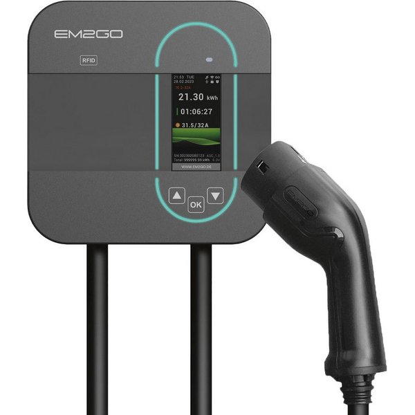 EM2GO EM2GO Wallbox 11kW mit App, RFID, Typ 2 Ladekabel & CEE Adapter Elektroauto-Ladegerät (Wallbox Solarkompatibel - Batteriespeichertauglich)