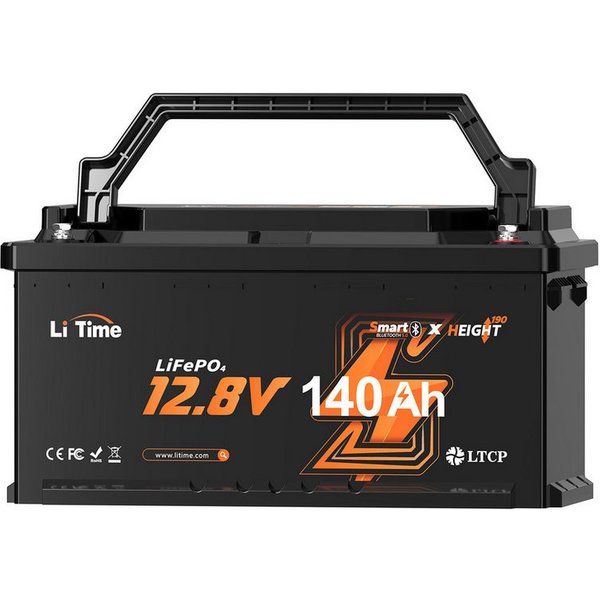LiTime 12V 140Ah H190 LiFePO4 Batterie mit Bluetooth 1792Wh DIN H8 Solarakkus (12 V), Stromspeicher für Wohnmobilen, Solarmodule, USV und Boots