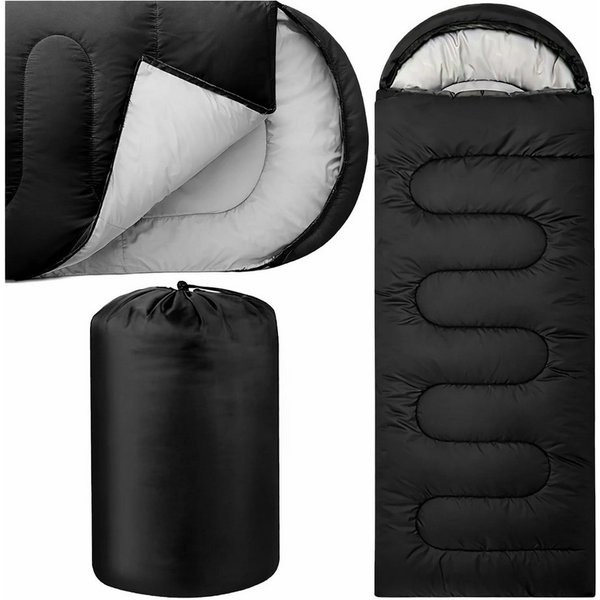 Realb2b Mumienschlafsack Mumienschlafsack 2-in-1 210 × 75 cm mit Kapuze, schwarz (Mumienschlafsack 2-in-1 mit Kapuze, Packsack und Deckenfunktion, Schlafsack mi